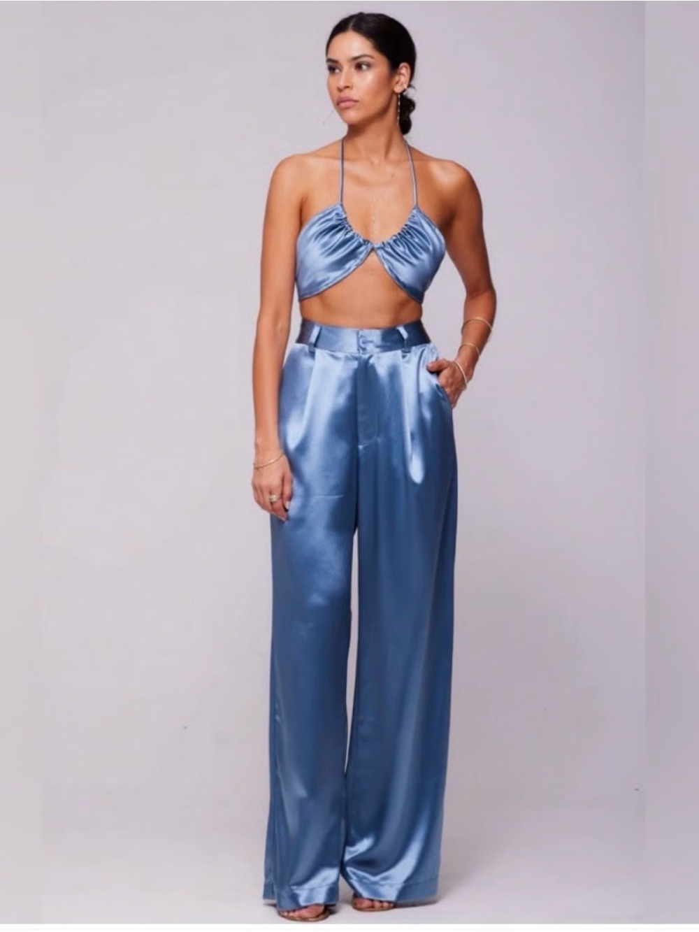 RESA Satin High-Waist Wide-Leg Trousers in Slate